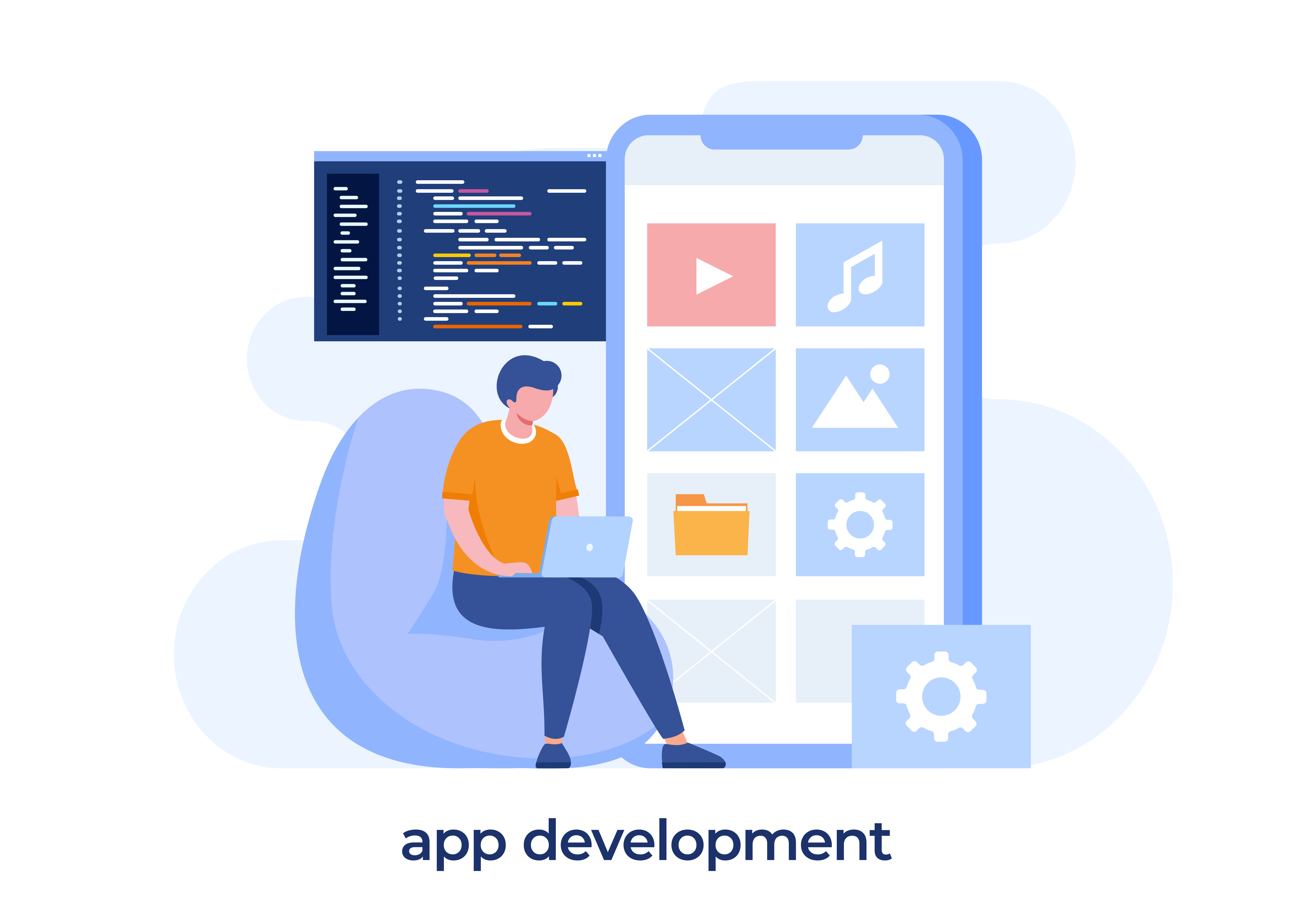 man with a laptop, application development illustration. UI and UX designer. Mobile apps developer vector flat design and background